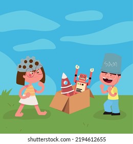 kids playing with box in the grass