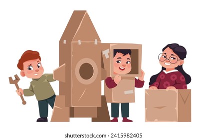 Niños jugando cajas. Niños pequeños haciendo juguetes con cajas. Niños y niñas de dibujos animados con disfraz de robot, arreglando cohete. Entretenimiento preescolar, artesanía artesanal. vector de juego educativo