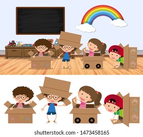 Kids playing in boxes on white illustration