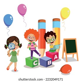 Kids playing with bricks and educational games in kindergarten room. Kids play together in kindergarden. Poster with the place for your text. Playroom with children