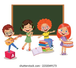 Kids playing with bricks and educational games in kindergarten room. Kids play together in kindergarden. Poster with the place for your text. Playroom with children