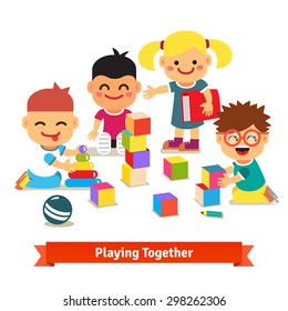 Kids Playing With Bricks And Toys Together In Kindergarten Room. Flat Vector Illustration Isolated On White Background.