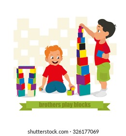 Kids playing with bricks and toys together in kindergarten room. Flat style vector cartoon illustration.