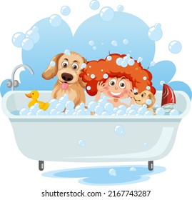 Kids playing bubbles in bathtub illustration