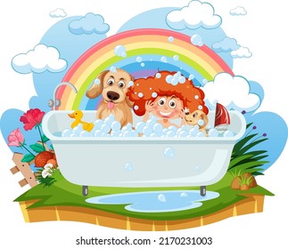 Kids playing bubbles in bathtub illustration