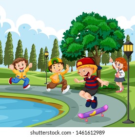 Kids playing by a pond in a park illustration
