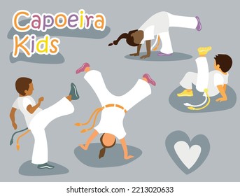 Kids playing capoeira on the training. Boys and girls doing capoeira movements, kicks and acrobatics. Vector illustration background and icons.