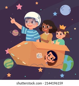kids playing in cardboard rocket cartoon