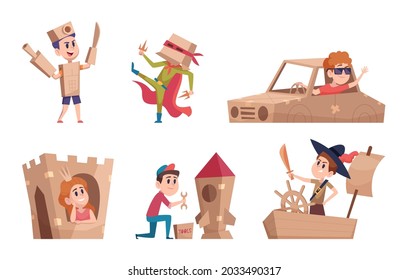 Kids playing in cardboards. Party costume children handmade little people playing with box funny activity exact vector characters