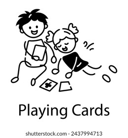 Kids playing cards, trendy doodle icon 