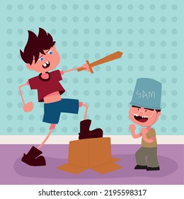 kids playing cartoon with bucket in head