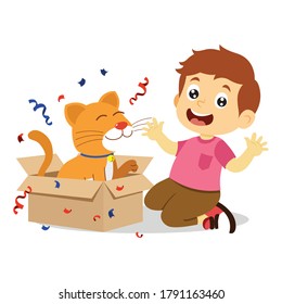 kids playing with cat, boy surprised with cat in cardboard