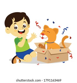 kids playing with cat, boy surprised with cat in cardboard