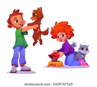 Kids playing with cat and dog pets isolated on white background. Vector cartoon illustration of little girl feeding fluffy kitten, cute boy playing with nice puppy, animal adoption, family love, care