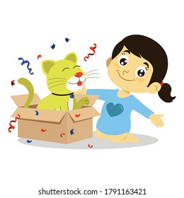kids playing with cat, girl surprised with cat in cardboard