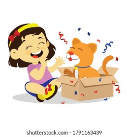 kids playing with cat, girl surprised with cat in cardboard