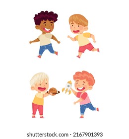 Kids Playing Catch Up And Building With Toy Blocks. Education And Development Concept Cartoon Vector Illustration