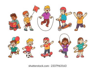 Kids playing character hand-drawn illustration