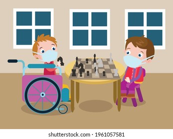 Kids playing chess cartoon 2d vector concept for banner, website, illustration, landing page, flyer, etc.