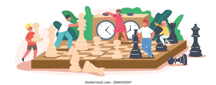 Kids Playing Chess in Club, Little Children with Huge Figures on Chessboard Enjoying Logic Activities and Game. Characters Tournament, Education, Learning or Hobby. Cartoon People Vector Illustration