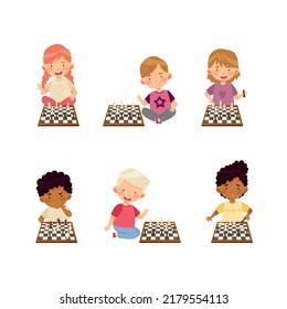 Kids playing chess set. Little children thinking over chessboard vector illustration