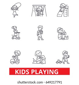 Kids playing, children playing, kids playing outside, jumping, happy, playground line icons. Editable strokes. Flat design vector illustration symbol concept. Linear signs isolated on white background