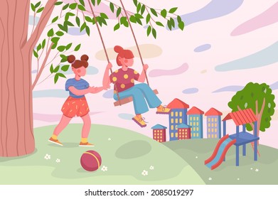 Kids playing at children playground in cityscape background. Little girls ride on swing outdoors. Nature scenery with trees, slide and buildings at park. Vector illustration in flat cartoon design