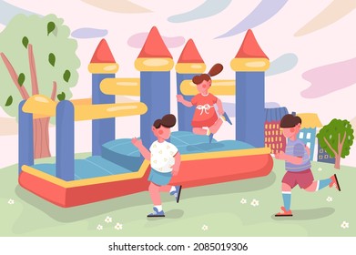 Kids playing at children playground in cityscape background. Girl jumping in bouncy castle, boys running on grass outdoors. Nature scenery at city park. Vector illustration in flat cartoon design