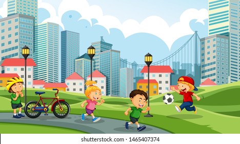 Kids Playing In City Park Illustration