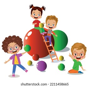 kids playing with colorful balls and geometric shapes