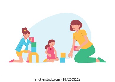 Kids playing with colorful blocks with their nurse in kindergarten flat vector illustration