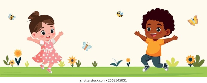 Kids Playing In Colorful Flowers