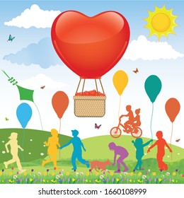 kids playing  colorful silhouette with red hot air balloon