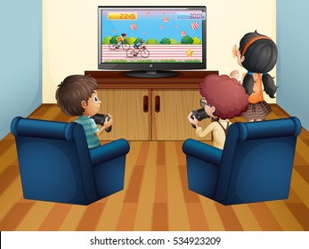 Kids playing computer game at home illustration
