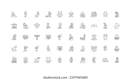 Ilustración de concepto de reproducción infantil, iconos lineales, conjunto de signos de línea, colección de vectores