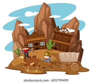 Kids playing cowboy in western town illustration