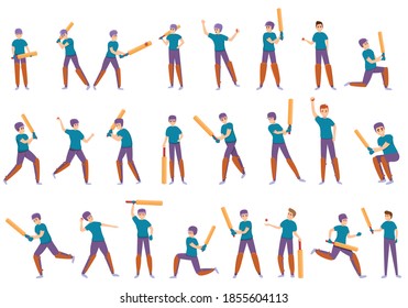Kids playing cricket icons set. Cartoon set of kids playing cricket vector icons for web design