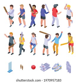 Kids playing cricket icons set. Isometric set of kids playing cricket vector icons for web design isolated on white background