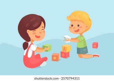 Kids playing with cubes vector illustration. Little children learning ABC, letters and numbers. Cartoon boy, girl stacking pyramid. Cute siblings busy with creative thinking development game.