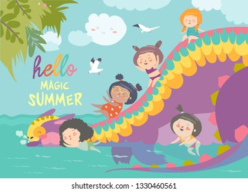 Kids playing with cute dragon at waterpark in summer vacation