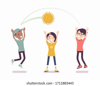 Kids playing dangerous game, virus ball. Unsafe children having fun without protection measures, non regarding contagious disease risk factors during epidemic. Vector flat style cartoon illustration