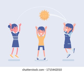 Kids playing dangerous game, virus ball. Unsafe children having fun without protection measures, non regarding contagious disease risk factors during epidemic. Vector illustration