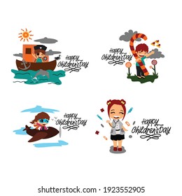 Kids Playing With Different Gestures, Poses and Situations Set. Happy Children's Day