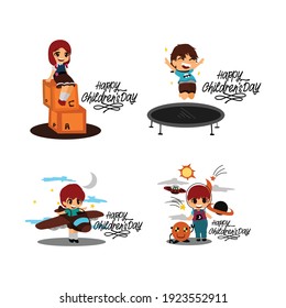 Kids Playing With Different Gestures, Poses and Situations Set. Happy Children's Day