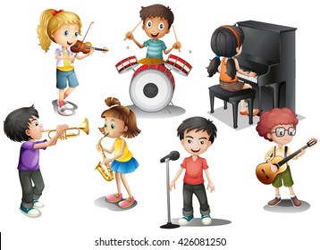 Kids playing different instruments illustration