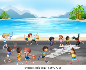 Kids playing different kinds of sports by the sea illustration