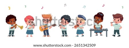 kids playing different musical instruments and singing  cartoon vector illustration
