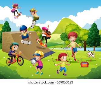 Kids playing different sports in park illustration