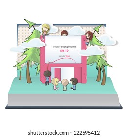Kids playing with diskette inside a pop-up book. Vector design.