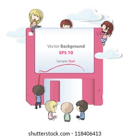 Kids playing with diskette. Vector design.